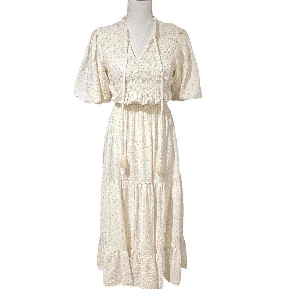 Moon River Smocked Milkmaid Maxi Dress Sz S Cottage Peasant Boho Puff Sleeve